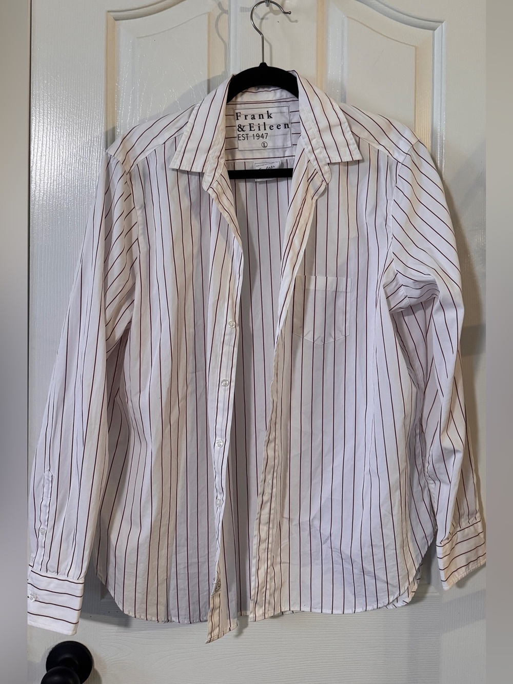Frank & Eileen women’s White Shirt with Brown Pinstripes